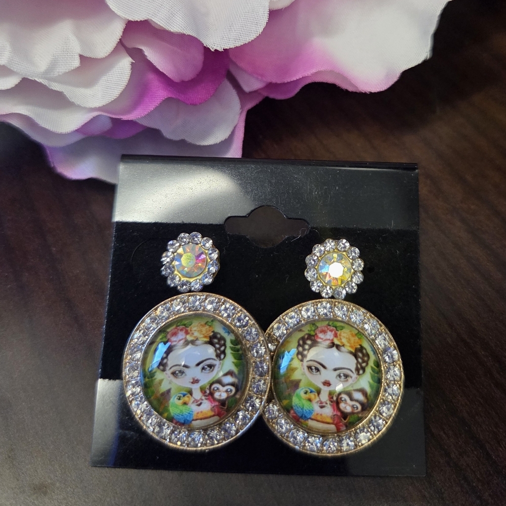 Frida Kahlo Elegant Gold and Silver Crystal Earring Sets